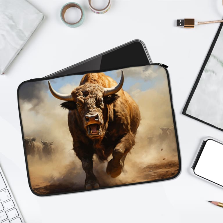 Bold charging bull laptop sleeve with earthy tones, featuring a powerful bull design on a dusty brown and beige background. laptop sleeve kept on a plain white background