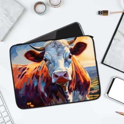 Artistic cow laptop sleeve with vibrant orange, blue, and brown design on a natural field and sunset background, ideal for stylish protection. laptop sleeve kept on a plain white background