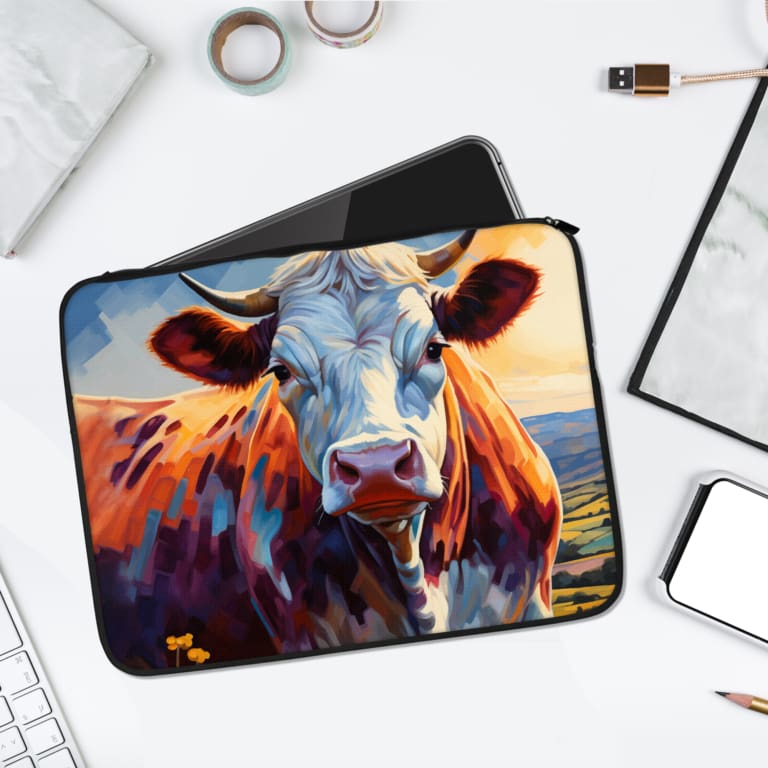 Artistic cow laptop sleeve with vibrant orange, blue, and brown design on a natural field and sunset background, ideal for stylish protection. laptop sleeve kept on a plain white background