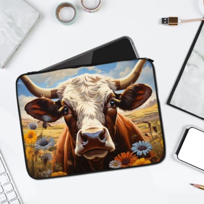 Infidu Vibrant Cow Laptop Sleeve with Sunny Field Design, featuring a cow in a colorful sunny field with daisies and a blue sky. laptop sleeve kept on a plain white background