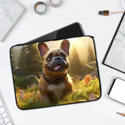 Infidu Joyful French Bulldog Laptop Sleeve with trees and grass background, showcasing a happy French bulldog in a nature-inspired design. laptop sleeve kept on a plain white background
