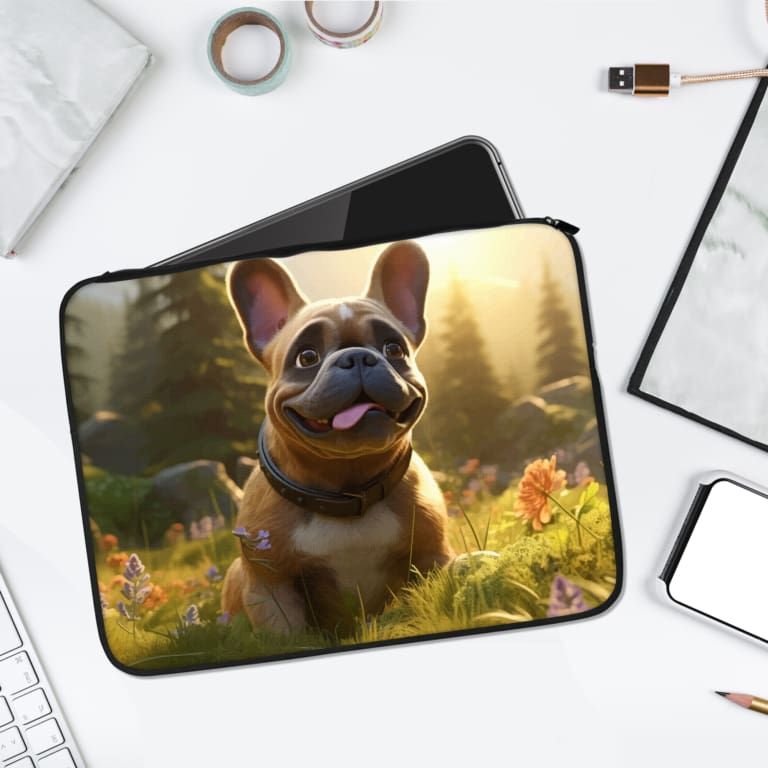Infidu Joyful French Bulldog Laptop Sleeve with trees and grass background, showcasing a happy French bulldog in a nature-inspired design. laptop sleeve kept on a plain white background