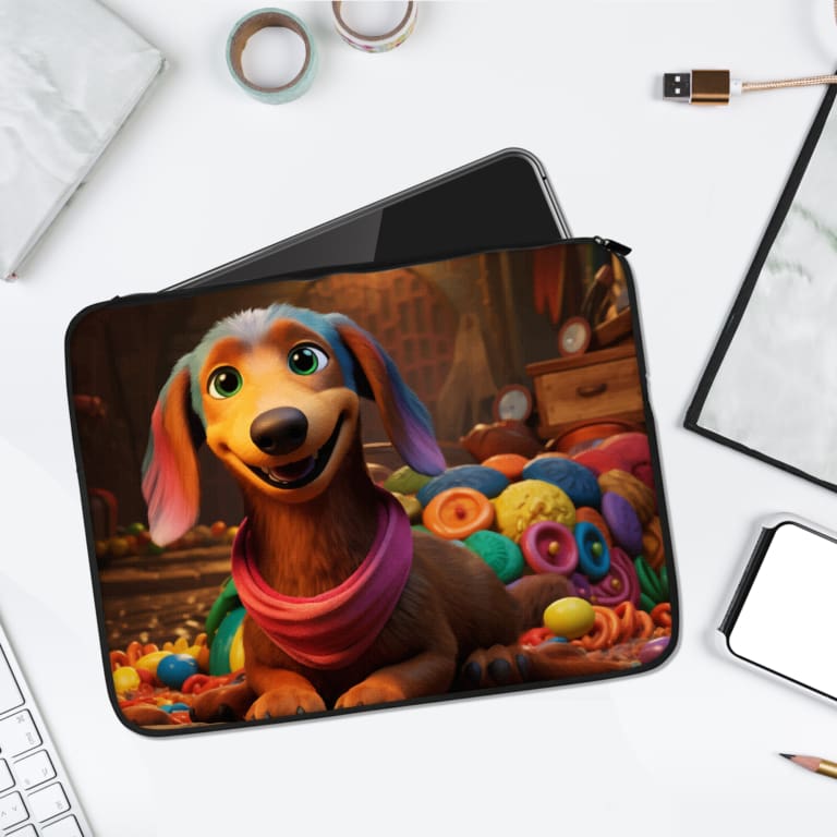 Infidu Playful Dog Laptop Sleeve featuring a happy dog with donuts and candy elements on a vibrant, fun design. laptop sleeve kept on a plain white background