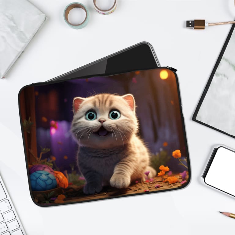 Infidu Playful Kitten Autumn Theme Laptop Sleeve featuring a kitten surrounded by pumpkins and leaves. laptop sleeve kept on a plain white background