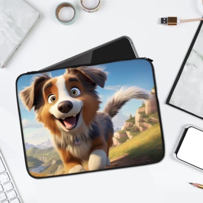 Infidu Happy Dog Laptop Sleeve with a bright design, featuring a cheerful dog and a vibrant outdoor background with blue skies and greenery. laptop sleeve kept on a plain white background