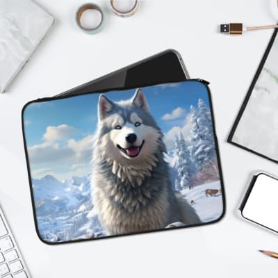 Infidu Cheerful Husky Laptop Sleeve with snowy mountain background and bright blue sky. laptop sleeve kept on a plain white background