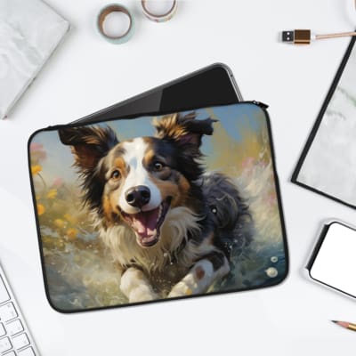 Energetic Border Collie dog running through water, with splashes, on a laptop sleeve design. laptop sleeve kept on a plain white background laptop sleeve kept on a plain white background