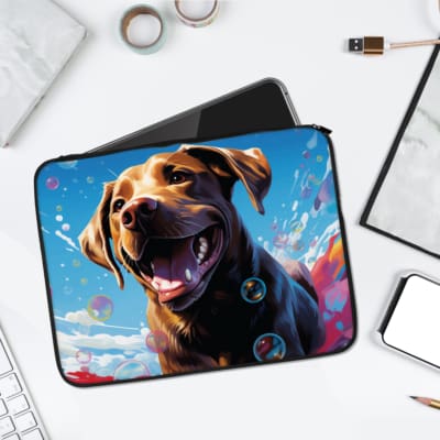 Smiling brown dog laptop sleeve with a vibrant sky theme, fluffy clouds, and pink bubble accents on a durable fabric cover. laptop sleeve kept on a plain white background