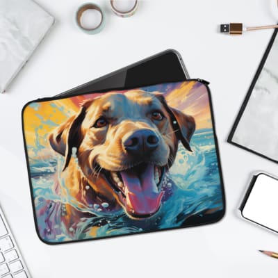Infidu Smiling Dog in Water Laptop Sleeve with vibrant colors like blue, yellow, and orange. laptop sleeve kept on a plain white background