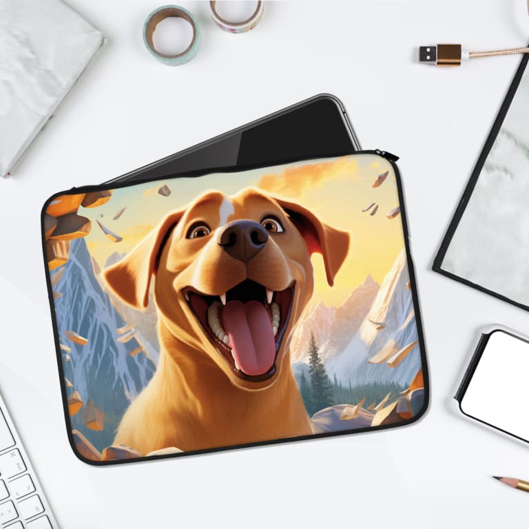 Infidu Cheerful Dog with Scenic Mountain Laptop Sleeve featuring a smiling dog and scenic mountain backdrop. laptop sleeve kept on a plain white background
