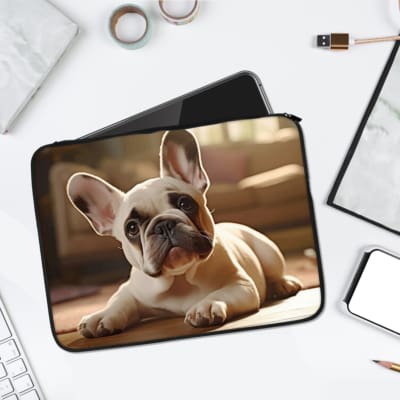Infidu Cute French Bulldog Laptop Sleeve with a cozy design of a bulldog on a wooden floor in a warm indoor setting. laptop sleeve kept on a plain white background