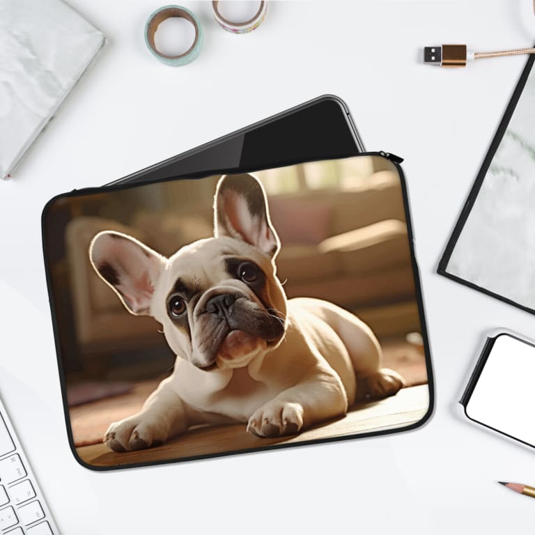 Infidu Cute French Bulldog Laptop Sleeve with a cozy design of a bulldog on a wooden floor in a warm indoor setting. laptop sleeve kept on a plain white background