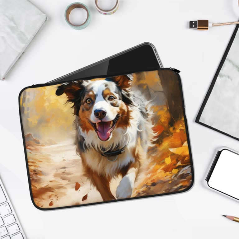 Infidu Happy Dog with Autumn Background Laptop Sleeve featuring a cheerful dog with warm autumn colors. laptop sleeve kept on a plain white background