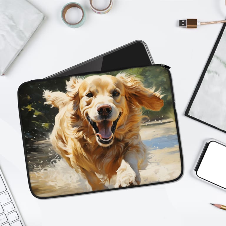 Golden retriever running joyfully through water, with flowing fur and splashes, set against a lively outdoor backdrop. laptop sleeve kept on a plain white background laptop sleeve kept on a plain white background