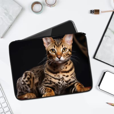 Laptop sleeve featuring a sleek Bengal cat with a spotted coat, made from durable fabric and a secure zip for stylish laptop protection. laptop sleeve kept on a plain white background