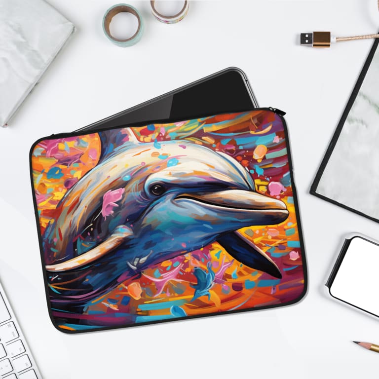 Colorful dolphin laptop sleeve with abstract background in pink, yellow, orange, and purple. laptop sleeve kept on a plain white background