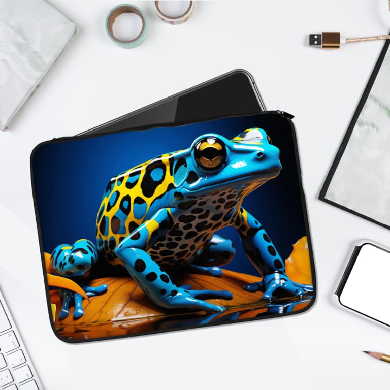 Infidu Blue Frog Laptop Sleeve with a vibrant design featuring a blue frog and blue background. laptop sleeve kept on a plain white background