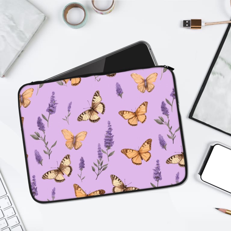 Infidu Light Purple Butterfly & Floral Laptop Sleeve featuring a soft purple background with butterflies and purple flowers. laptop sleeve kept on a plain white background