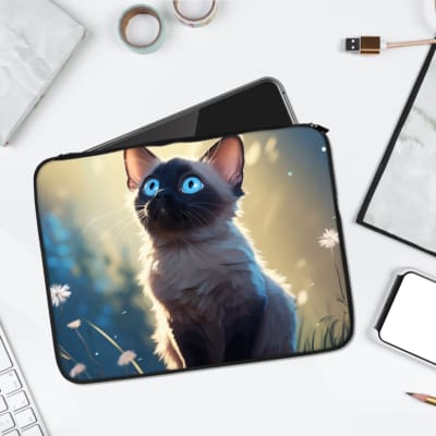 Siamese cat with blue eyes on a magical, dreamy background. Artistic design for laptop sleeve. laptop sleeve kept on a plain white background