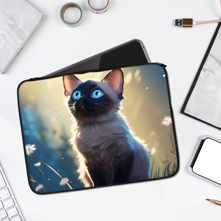 Siamese cat with blue eyes on a magical, dreamy background. Artistic design for laptop sleeve. laptop sleeve kept on a plain white background