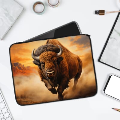 Laptop sleeve featuring a charging bison with brown fur in a warm desert landscape, made with durable fabric and a secure zip closure. laptop sleeve kept on a plain white background