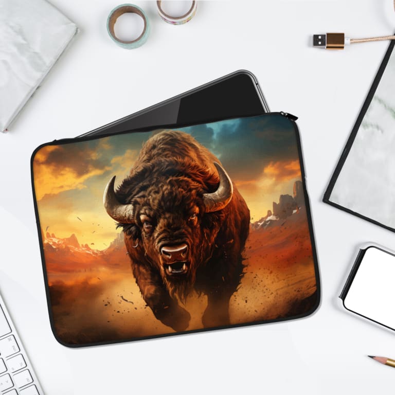 Vibrant bison laptop sleeve with a sunset background, warm orange skies, rugged terrain, and a secure zip for laptop protection. laptop sleeve kept on a plain white background