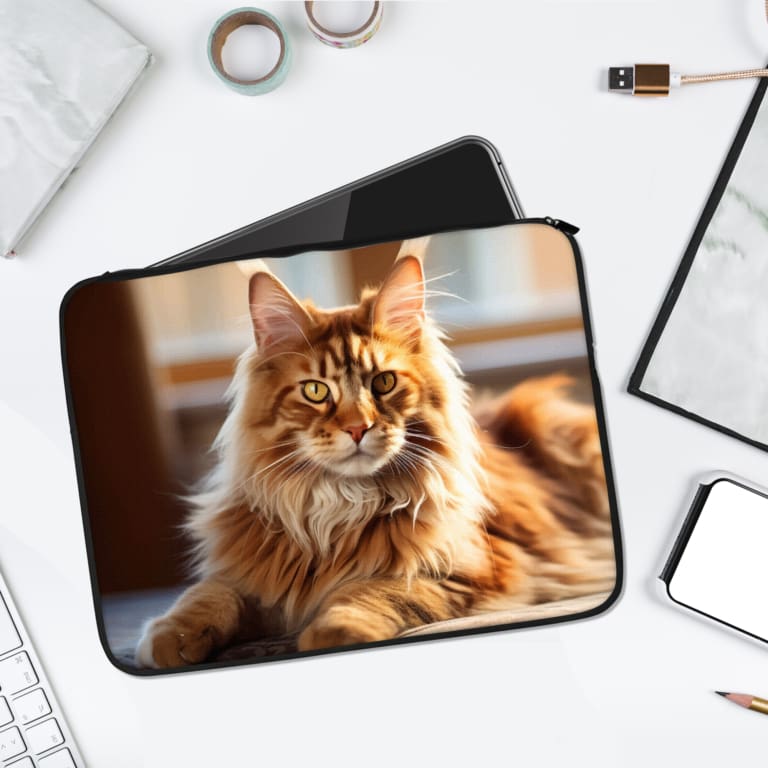 Majestic orange Maine Coon cat design on a laptop sleeve with fluffy fur and expressive eyes, set against a soft blurred indoor background. laptop sleeve kept on a plain white background