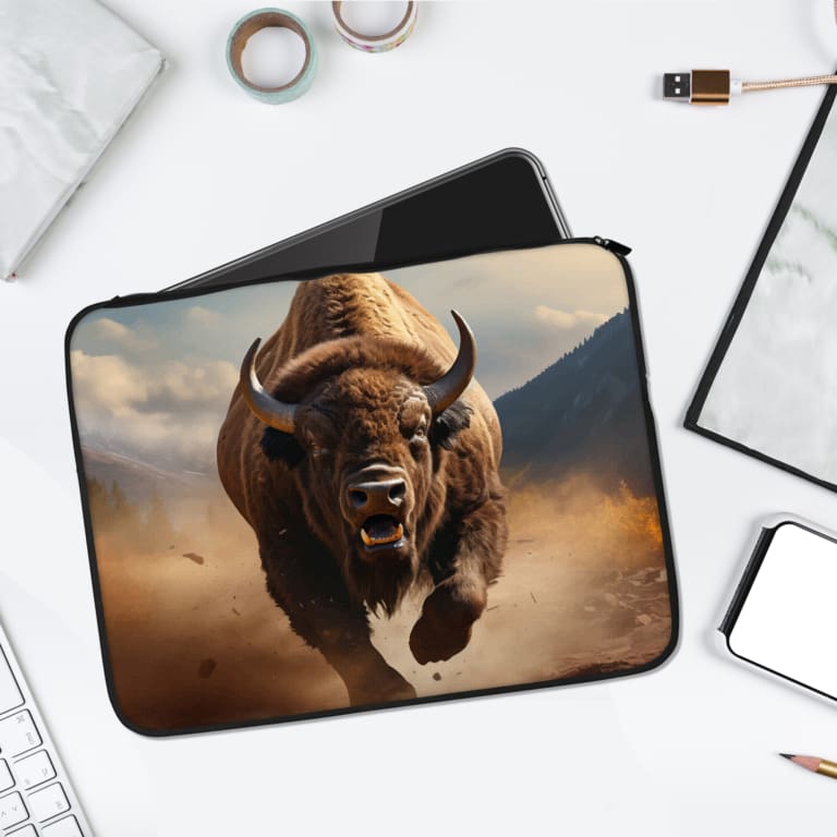 Running buffalo laptop sleeve with a natural landscape background of mountains and a cloudy sky. laptop sleeve kept on a plain white background