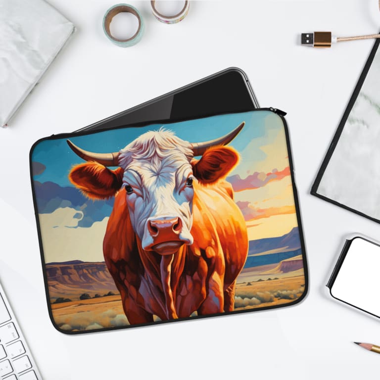 Laptop sleeve with a realistic cow illustration, warm brown and white tones, and a scenic countryside background of blue skies and grassy plains. laptop sleeve kept on a plain white background