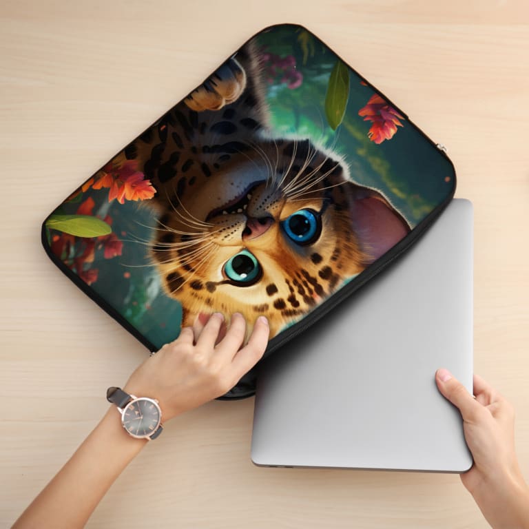 Laptop sleeve featuring an animated leopard cub with blue eyes in a vibrant jungle background, made with durable fabric and a secure zip. the person holding the sleeve