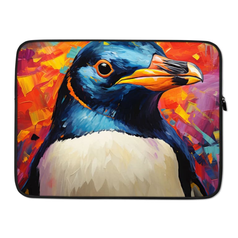 Infidu Colorful Penguin Face Laptop Sleeve featuring vibrant blue, orange, and yellow tones. laptop sleeve kept on a plain white background
