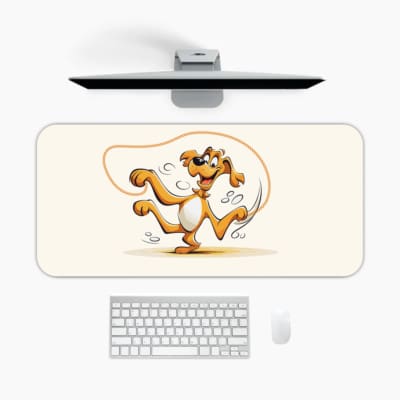Infidu Cartoon Dog Desk Pad featuring a happy dog in yellow and brown on a white background, adding a playful touch to your desk. A desk pad under the computer