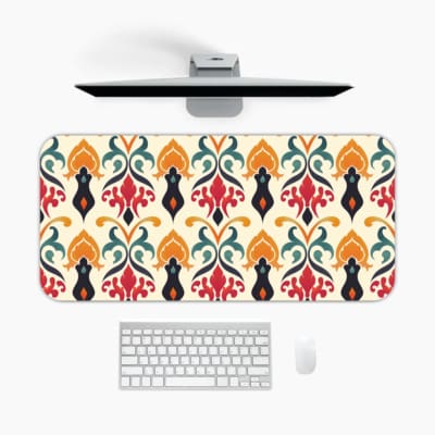 Infidu desk pad with symmetrical design in red, yellow, teal, and black on white background, vibrant and bold pattern A desk pad under the computer