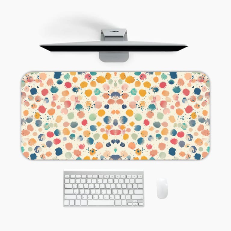 Infidu desk pad with terrazzo pattern, featuring multicolored speckles on a light background for a playful, modern touch. A desk pad under the computer