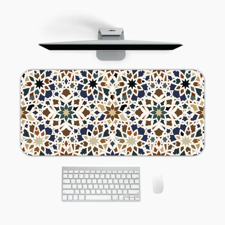 Infidu desk pad featuring classic geometric shapes in blue, white, brown, and black against a white background for an artistic look. A desk pad under the computer