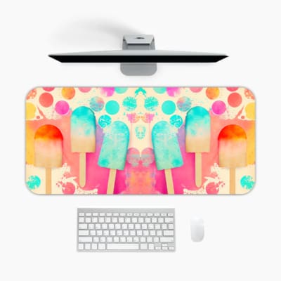Colorful desk pad with playful popsicle design in blue, pink, and orange, featuring overlapping pastel dots on a vibrant background. A desk pad under the computer
