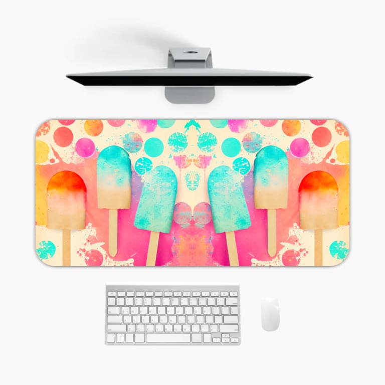 Colorful desk pad with playful popsicle design in blue, pink, and orange, featuring overlapping pastel dots on a vibrant background. A desk pad under the computer