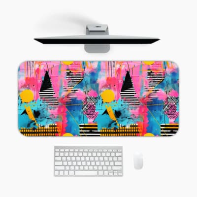 Colorful abstract desk pad with pink, blue, and yellow tones, featuring black triangles, yellow circles, and a pastel background A desk pad under the computer
