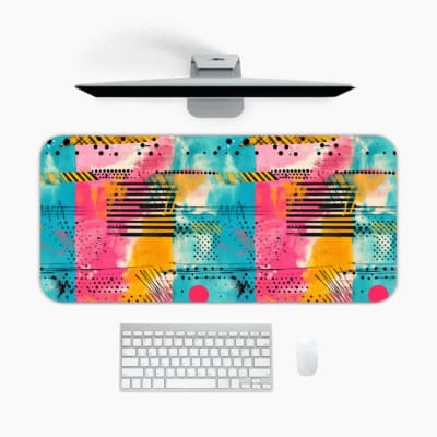 Infidu desk pad with vibrant abstract pattern featuring shades of blue, pink, orange, and yellow with black lines and dots. A desk pad under the computer
