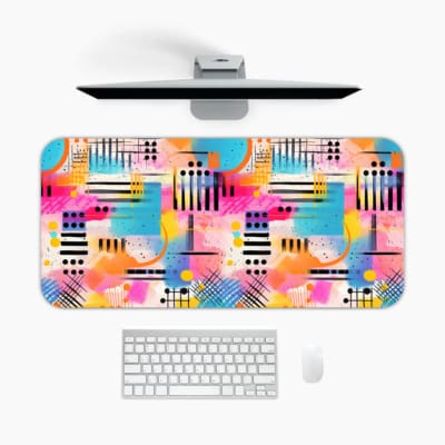 Infidu Colorful Desk Pad featuring a playful abstract design with bright colors like pink, blue, yellow, and orange on a light background. A desk pad under the computer