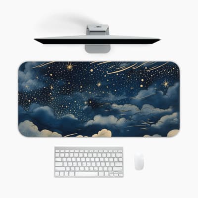 Infidu Night Sky Desk Pad featuring fluffy clouds and a starry night sky in deep blues and purples, creating a dreamy atmosphere. A desk pad under the computer