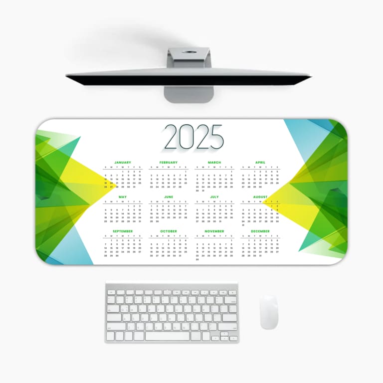 Infidu 2025 Desk Mat Calendar with modern colorful geometric patterns on a white background. A desk pad under the computer