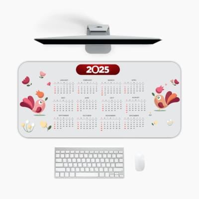 Infidu 2025 Desk Mat with white background, pink floral accents, and 2025 on a red oval label A desk pad under the computer