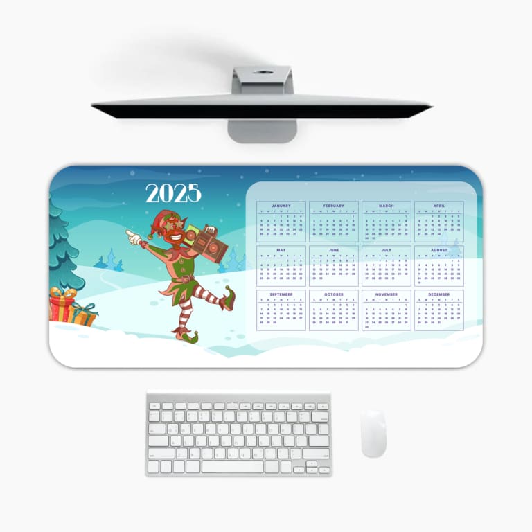 2025 calendar desk pad with bright blue background, cheerful elf holding gifts, snow-covered tree, and colorful gift boxes A desk pad under the computer