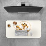 Infidu Cartoon Dog Desk Pad featuring a happy dog in yellow and brown on a white background, adding a playful touch to your desk. Desk Pad with Keyboard and Mouse on top of the desk pad