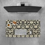 Infidu Floral Desk Pad featuring intricate white flowers on a black background, showcasing a stylish and elegant design. Desk Pad with Keyboard and Mouse on top of the desk pad