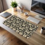Infidu Floral Desk Pad featuring intricate white flowers on a black background, showcasing a stylish and elegant design. desk pad kept on the table