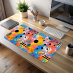 Infidu vibrant geometric desk pad with colorful abstract shapes and yellow background desk pad kept on the table