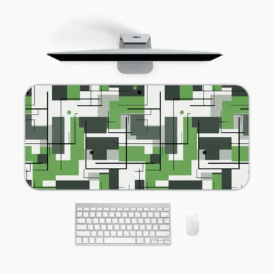 Infidu green geometric desk pad with interlocking shapes and a modern vintage art style