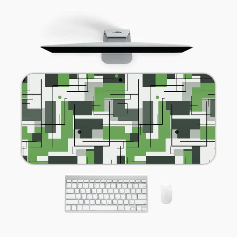 Infidu green geometric desk pad with interlocking shapes and a modern vintage art style